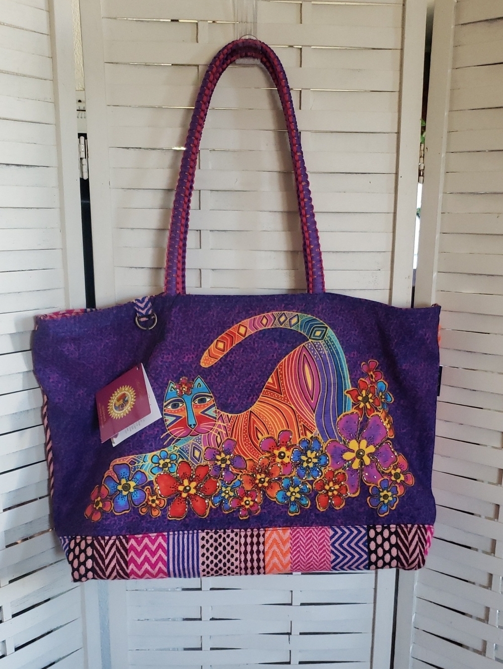 Laurel Burch Purple Floral Cat Tote Bag - Women's Shoulder Tote Bag